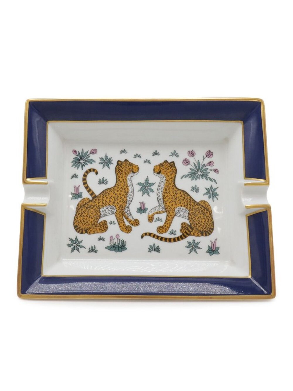 Hermes Ashtray Tray Case Panthere Leopard Print Animal Ceramic White Navy Gold